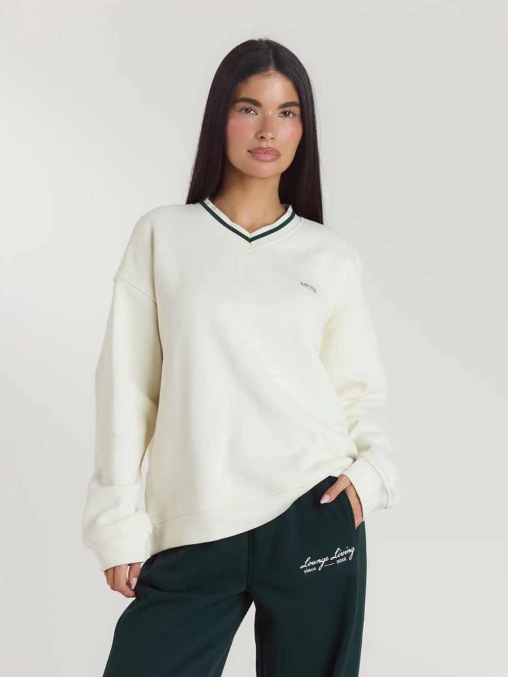 Lounge Cream V-Neck Sweater with Contrast Trim